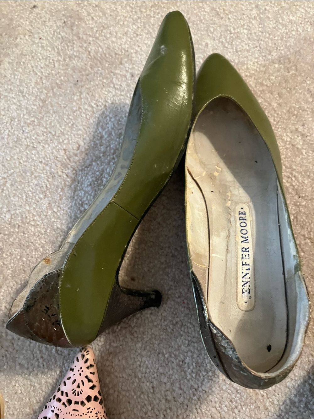 Jennifer Moore Olive Green Pointed-Toe Pumps with Low Heel